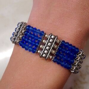 Faceted Sapphire Czech Glass Crystal Multi-Strand Beaded Silver Boho Bracelet